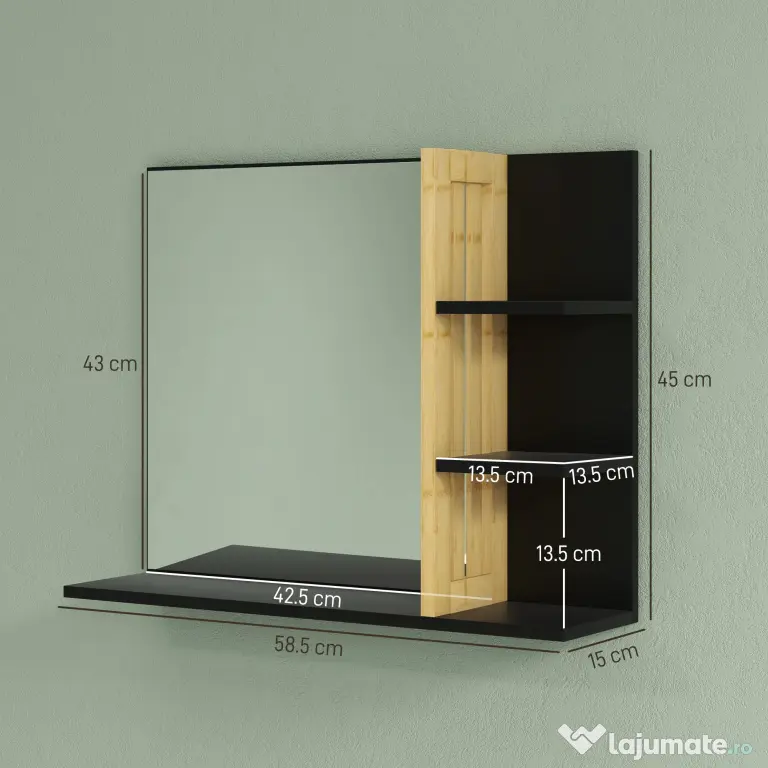 HOMCOM Oglindă de Baie Modernă de Perete cu 4 Rafturi din Lemn, 45x15x58.5cm, Negru