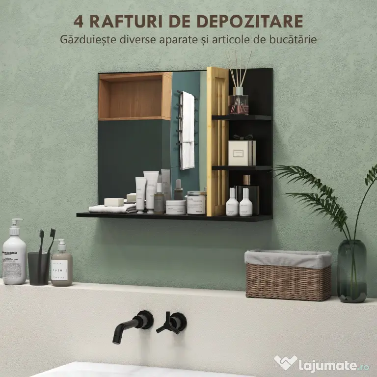 HOMCOM Oglindă de Baie Modernă de Perete cu 4 Rafturi din Lemn, 45x15x58.5cm, Negru