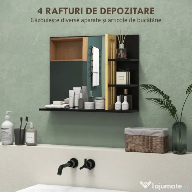 HOMCOM Oglindă de Baie Modernă de Perete cu 4 Rafturi din Lemn, 45x15x58.5cm, Negru