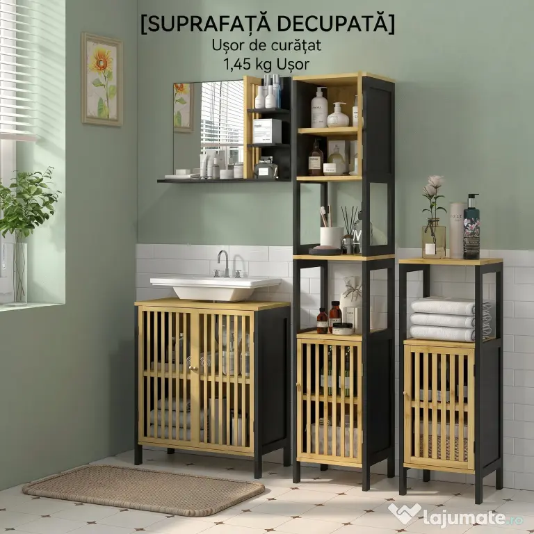 HOMCOM Oglindă de Baie Modernă de Perete cu 4 Rafturi din Lemn, 45x15x58.5cm, Negru
