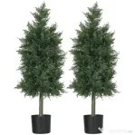 HOMCOM Set 2 Plante Artificiale de Cedru din PE cu Ghiveci din Plastic PP, din Oțel și Ciment, 38x12,5x90 cm, Verde