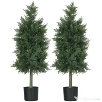 HOMCOM Set 2 Plante Artificiale de Cedru din PE cu Ghiveci din Plastic PP, din Oțel și Ciment, 38x12,5x90 cm, Verde