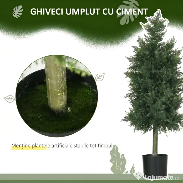 HOMCOM Set 2 Plante Artificiale de Cedru din PE cu Ghiveci din Plastic PP, din Oțel și Ciment, 38x12,5x90 cm, Verde