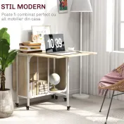 HOMCOM Masă Pliabilă pentru 4-6 Persoane, Masă cu Spațiu Economic, Raft și 6 Roți, 130x80x74 cm, Lemn Natural | Aosom Romania 