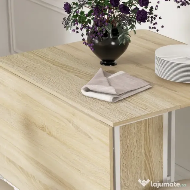 HOMCOM Masă Pliabilă pentru 4-6 Persoane, Masă cu Spațiu Economic, Raft și 6 Roți, 130x80x74 cm, Lemn Natural | Aosom Romania