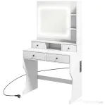 HOMCOM Masă de Toaletă cu Oglindă Iluminată LED, Masă de Machiaj cu Stație de Încărcare, 4 sertare și rafturi de depozitare, 90x45x160 cm, Alb