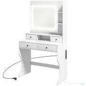 HOMCOM Masă de Toaletă cu Oglindă Iluminată LED, Masă de Machiaj cu Stație de Încărcare, 4 sertare și rafturi de depozitare, 90x45x160 cm, Alb