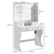 HOMCOM Masă de Toaletă cu Oglindă Iluminată LED, Masă de Machiaj cu Stație de Încărcare, 4 sertare și rafturi de depozitare, 90x45x160 cm, Alb