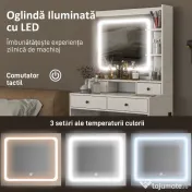 HOMCOM Masă de Toaletă cu Oglindă Iluminată LED, Masă de Machiaj cu Stație de Încărcare, 4 sertare și rafturi de depozitare, 90x45x160 cm, Alb