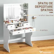 HOMCOM Masă de Toaletă cu Oglindă Iluminată LED, Masă de Machiaj cu Stație de Încărcare, 4 sertare și rafturi de depozitare, 90x45x160 cm, Alb