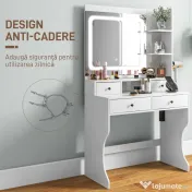 HOMCOM Masă de Toaletă cu Oglindă Iluminată LED, Masă de Machiaj cu Stație de Încărcare, 4 sertare și rafturi de depozitare, 90x45x160 cm, Alb