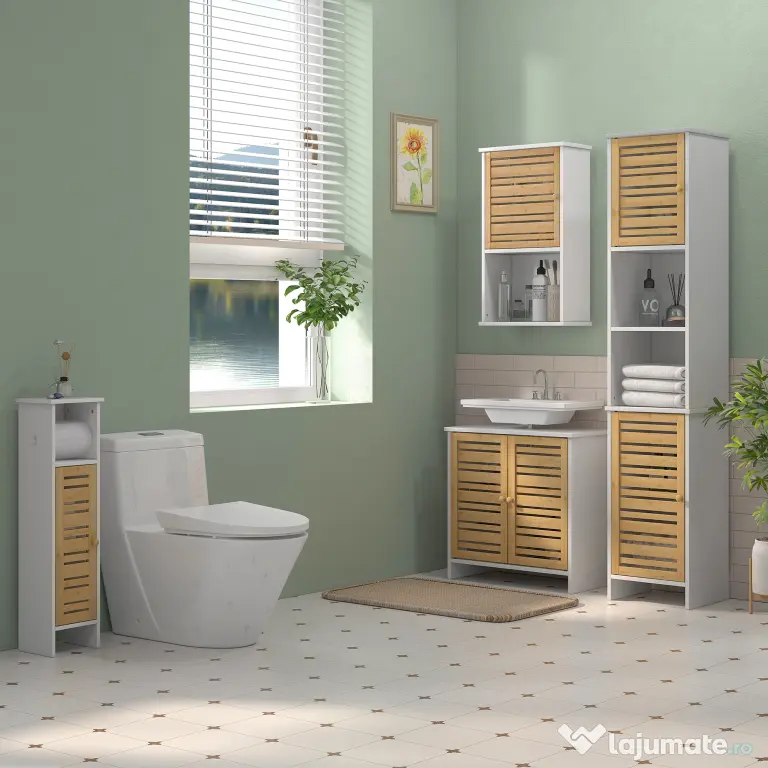 HOMCOM Mobilier Coloană Depozitare Baie bicolore, 2 dulapuri cu raft reglabil și 2 nișe, 35L x 30A x 170Î cm | Aosom Romania