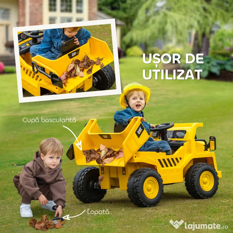 AIYAPLAY Excavator de Călărit cu Licență, cu Telecomandă, Tractor pentru Copii cu Cupă, Lopată, Muzică, Difuzor, Faruri, 110x70.5x61.5 cm, Galben