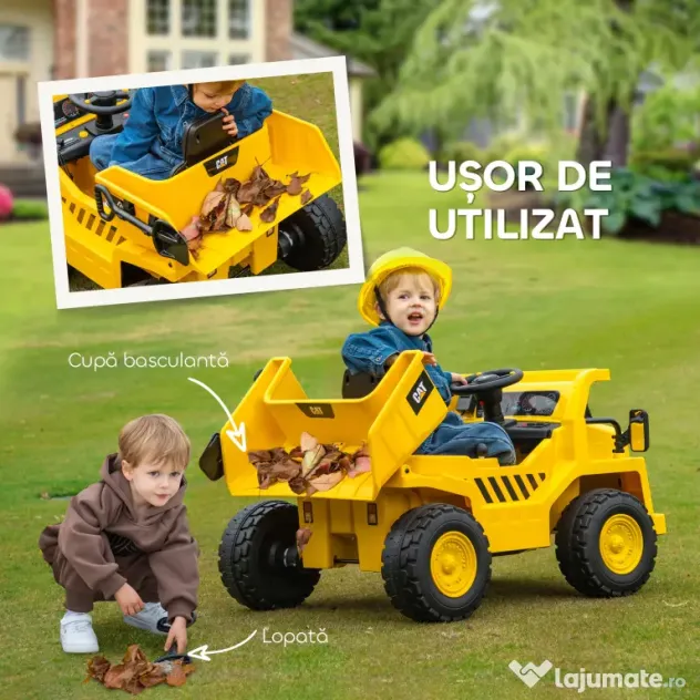 AIYAPLAY Excavator de Călărit cu Licență, cu Telecomandă, Tractor pentru Copii cu Cupă, Lopată, Muzică, Difuzor, Faruri, 110x70.5x61.5 cm, Galben