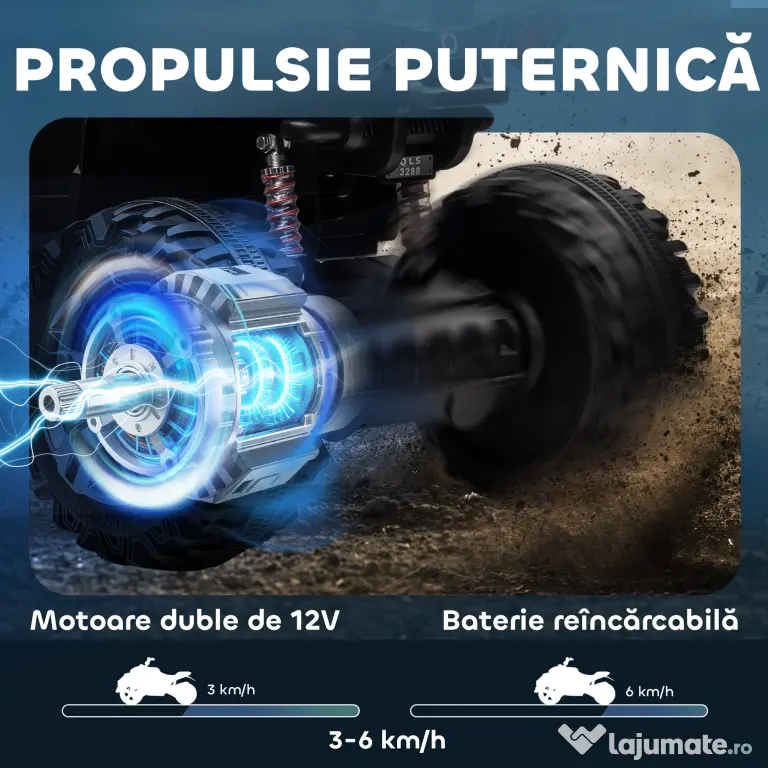 HOMCOM ATV Electric pentru Copii 3-5 Ani, Motocicletă Electrică pentru Copii cu Muzică, 100x65x73 cm, Albastru | Aosom Romania