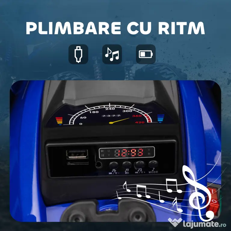 HOMCOM ATV Electric pentru Copii 3-5 Ani, Motocicletă Electrică pentru Copii cu Muzică, 100x65x73 cm, Albastru | Aosom Romania