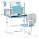 AIYAPLAY Set Birou și Scaun pentru Copii 3-12 Ani, Reglabil pe Înălțime cu Blat Înclinabil 0-45° 80×55×107,5 cm, Albastru
