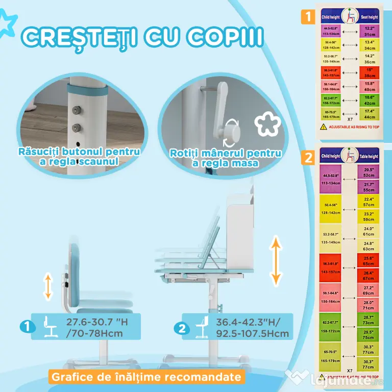 AIYAPLAY Set Birou și Scaun pentru Copii 3-12 Ani Reglabile pe Înălțime și Blat Înclinabil, 80x55x107.5 cm, Albastru | Aosom Romania