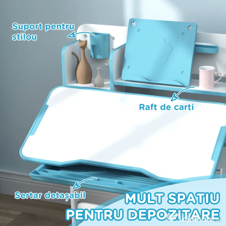 AIYAPLAY Set Birou și Scaun pentru Copii 3-12 Ani Reglabile pe Înălțime și Blat Înclinabil, 80x55x107.5 cm, Albastru | Aosom Romania
