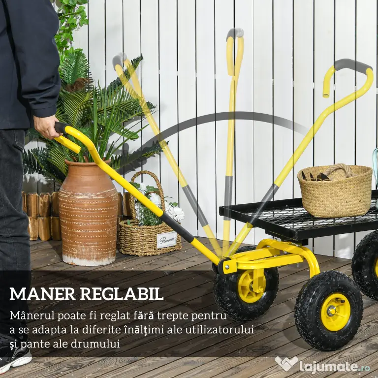 Outsunny Roabă de Grădină cu Mâner și 4 Roți Mari, Capacitate 150 kg, 94x48,5x100 cm, Verde | Aosom Romania