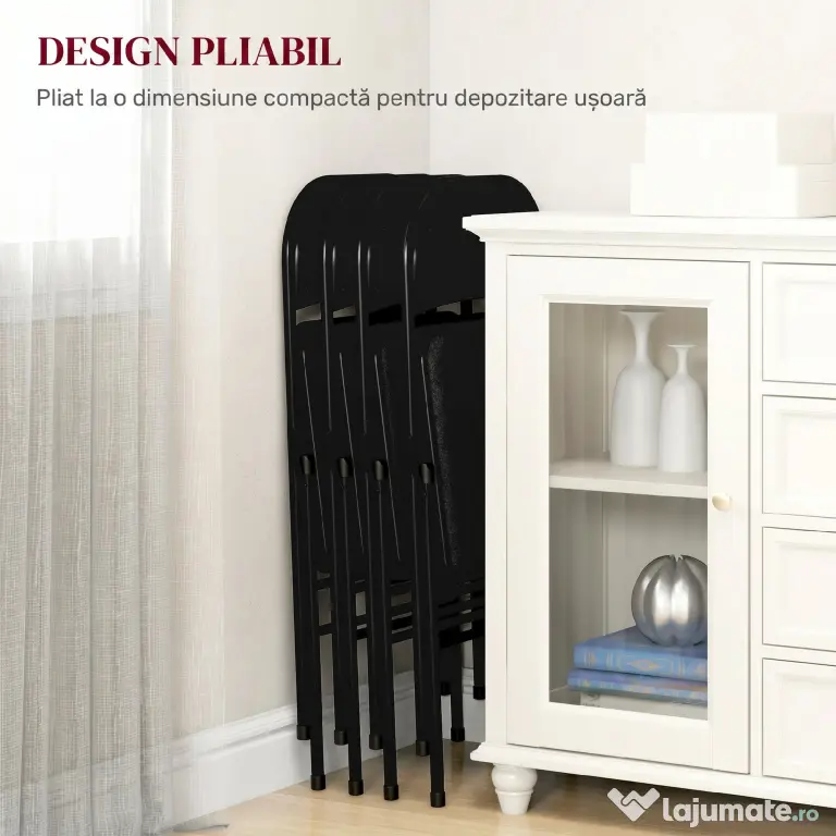 HOMCOM Set de 4 Scaune Pliabile, Scaune Moderne cu Perne din Poliester pentru Acasă și Birou, 45x46x78 cm, Negru | Aosom Romania