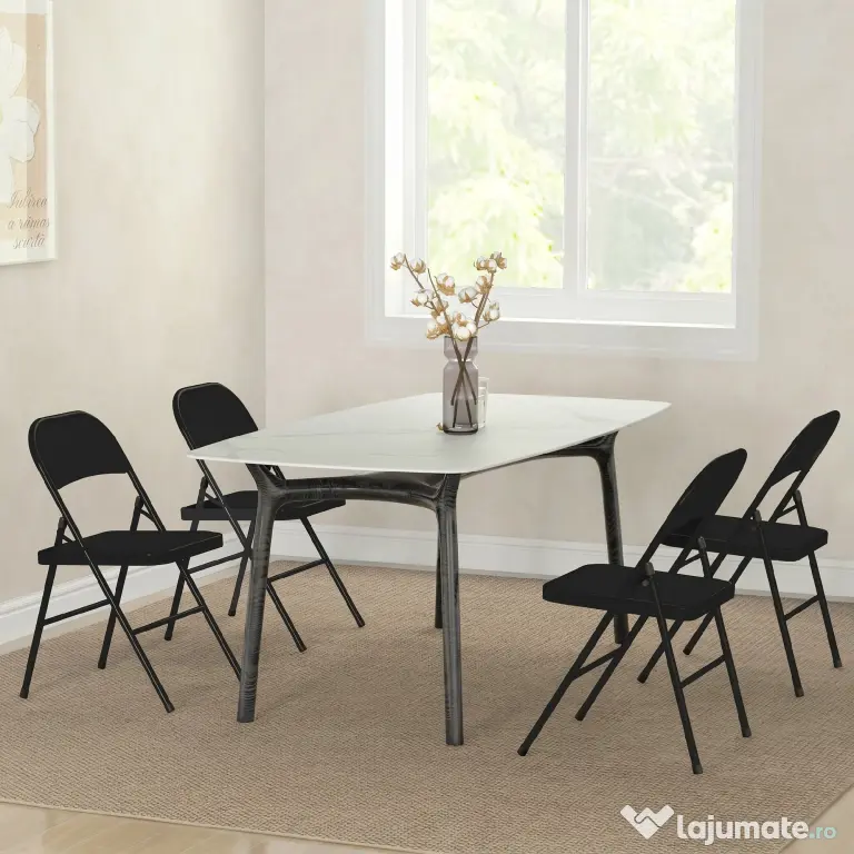 HOMCOM Set de 4 Scaune Pliabile, Scaune Moderne cu Perne din Poliester pentru Acasă și Birou, 45x46x78 cm, Negru | Aosom Romania