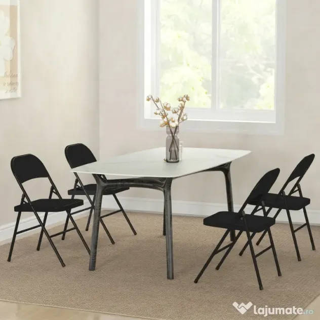 HOMCOM Set de 4 Scaune Pliabile, Scaune Moderne cu Perne din Poliester pentru Acasă și Birou, 45x46x78 cm, Negru | Aosom Romania
