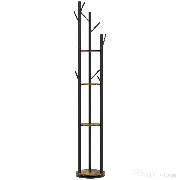 HOMCOM Suport Haine, Rotativ, cu 4 Rafturi și 8 Cârlige, stander haine pentru Hol, Dormitor, Living, 30x30x175 cm, Maro Rustic | Aosom Romania