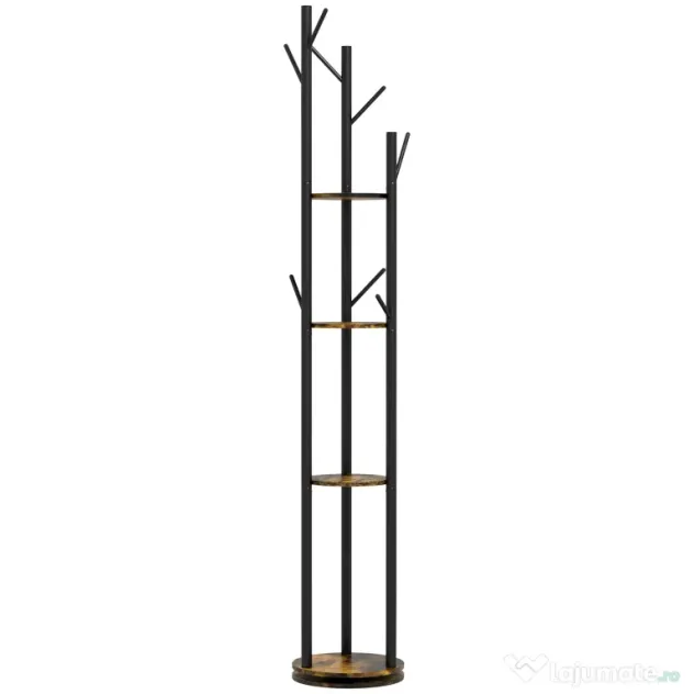 HOMCOM Suport Haine, Rotativ, cu 4 Rafturi și 8 Cârlige, stander haine pentru Hol, Dormitor, Living, 30x30x175 cm, Maro Rustic | Aosom Romania