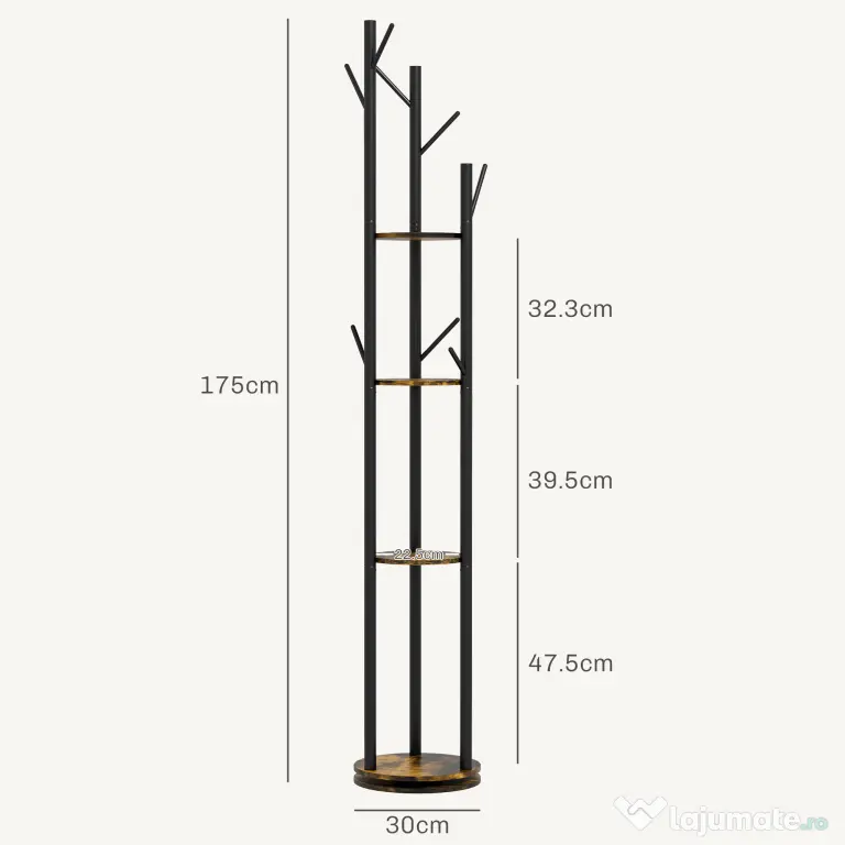 HOMCOM Suport Haine, Rotativ, cu 4 Rafturi și 8 Cârlige, stander haine pentru Hol, Dormitor, Living, 30x30x175 cm, Maro Rustic | Aosom Romania