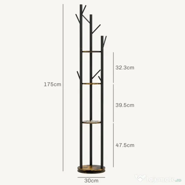 HOMCOM Suport Haine, Rotativ, cu 4 Rafturi și 8 Cârlige, stander haine pentru Hol, Dormitor, Living, 30x30x175 cm, Maro Rustic | Aosom Romania