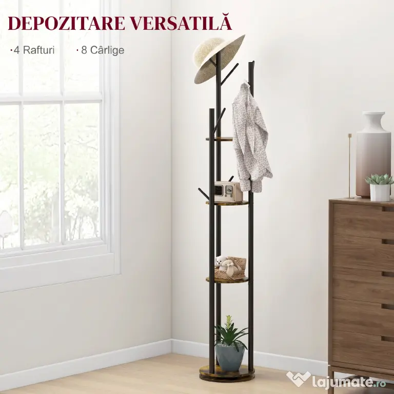 HOMCOM Suport Haine, Rotativ, cu 4 Rafturi și 8 Cârlige, stander haine pentru Hol, Dormitor, Living, 30x30x175 cm, Maro Rustic | Aosom Romania