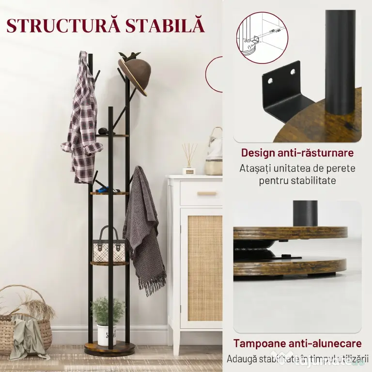 HOMCOM Suport Haine, Rotativ, cu 4 Rafturi și 8 Cârlige, stander haine pentru Hol, Dormitor, Living, 30x30x175 cm, Maro Rustic | Aosom Romania