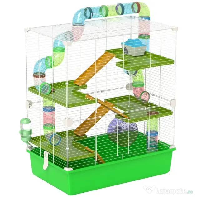 PawHut Cuștă pentru Hamsteri cu 5 Nivele, Tuburi, Căsuță, Rezervor de Apă și Roată, 59x36x69 cm, Verde | Aosom Romania