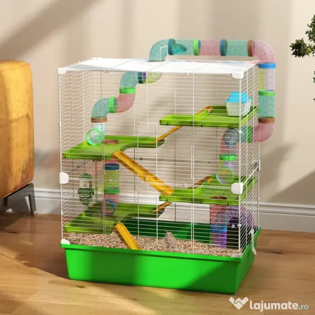 PawHut Cuștă pentru Hamsteri cu 5 Nivele, Tuburi, Căsuță, Rezervor de Apă și Roată, 59x36x69 cm, Verde | Aosom Romania
