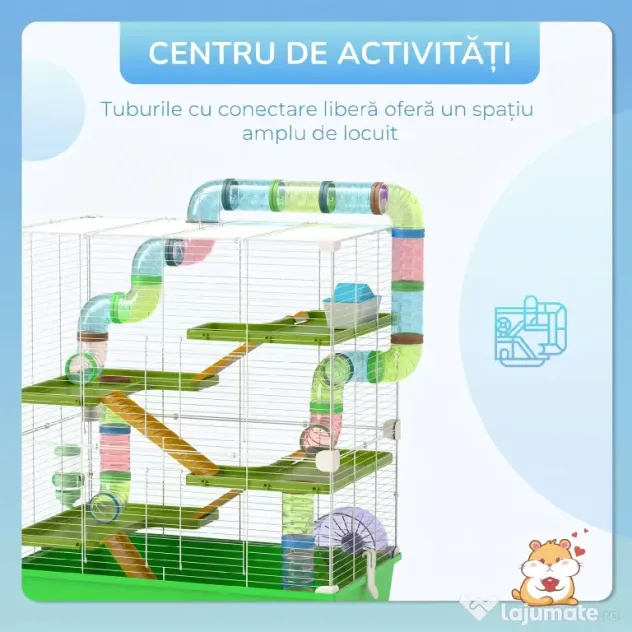 PawHut Cuștă pentru Hamsteri cu 5 Nivele, Tuburi, Căsuță, Rezervor de Apă și Roată, 59x36x69 cm, Verde | Aosom Romania