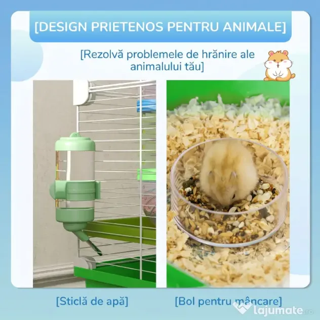 PawHut Cuștă pentru Hamsteri cu 5 Nivele, Tuburi, Căsuță, Rezervor de Apă și Roată, 59x36x69 cm, Verde | Aosom Romania