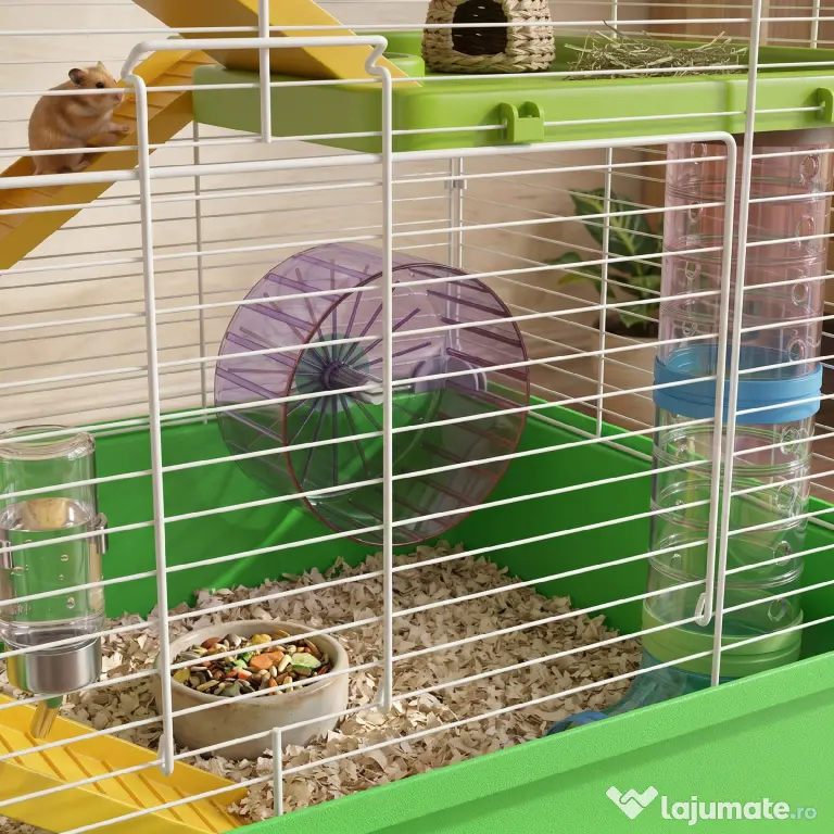 PawHut Cuștă pentru Hamsteri cu 5 Nivele, Tuburi, Căsuță, Rezervor de Apă și Roată, 59x36x69 cm, Verde | Aosom Romania