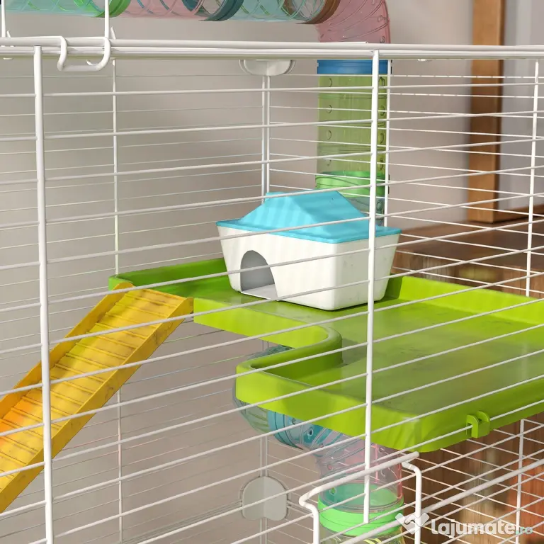 PawHut Cuștă pentru Hamsteri cu 5 Nivele, Tuburi, Căsuță, Rezervor de Apă și Roată, 59x36x69 cm, Verde | Aosom Romania