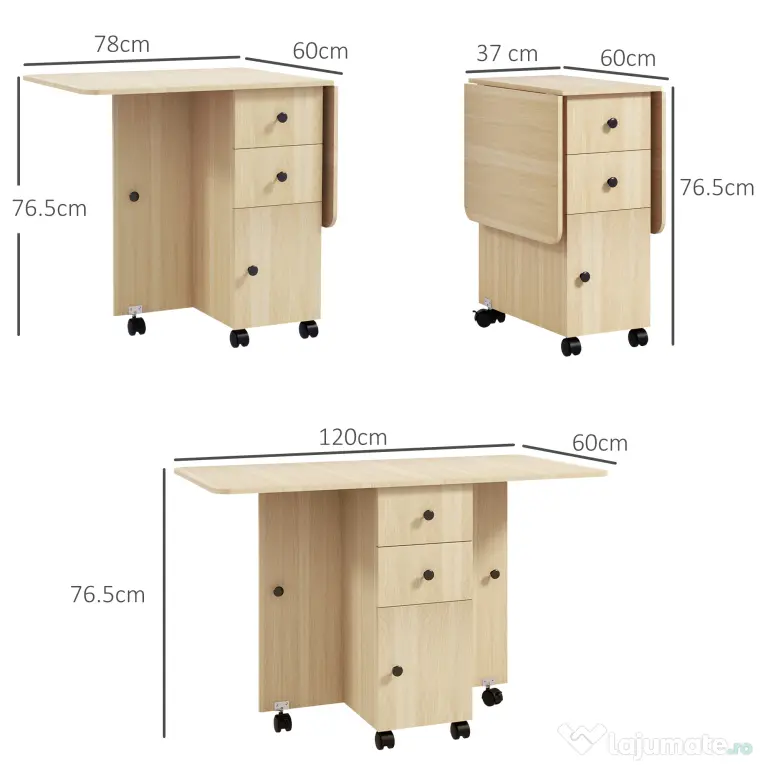 HOMCOM Masă de Bucătărie Pliabilă, Masă Rabatabilă cu Roți și Frâne pentru 6 Persoane, Birou Pliabil cu 2 Sertare și Dulap, pentru Living, 120x60x76.5 cm, Lemn Natural | Aosom Romania