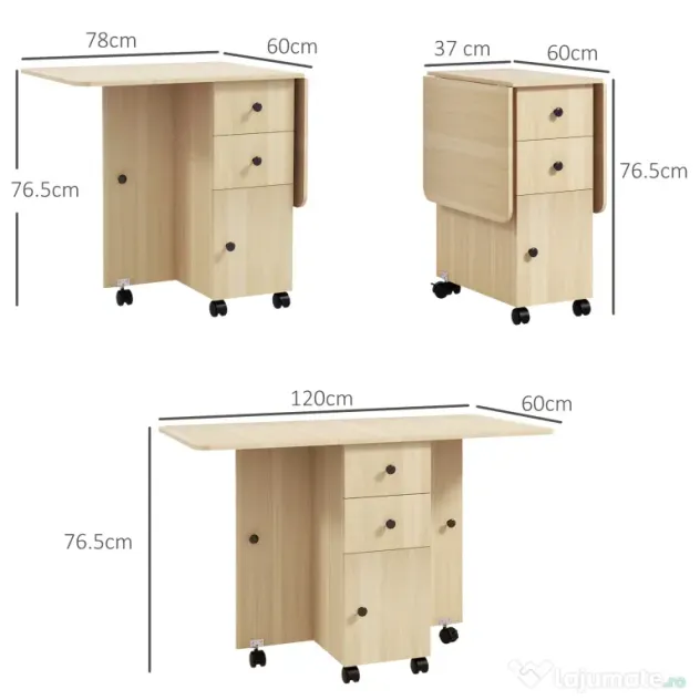 HOMCOM Masă de Bucătărie Pliabilă, Masă Rabatabilă cu Roți și Frâne pentru 6 Persoane, Birou Pliabil cu 2 Sertare și Dulap, pentru Living, 120x60x76.5 cm, Lemn Natural | Aosom Romania