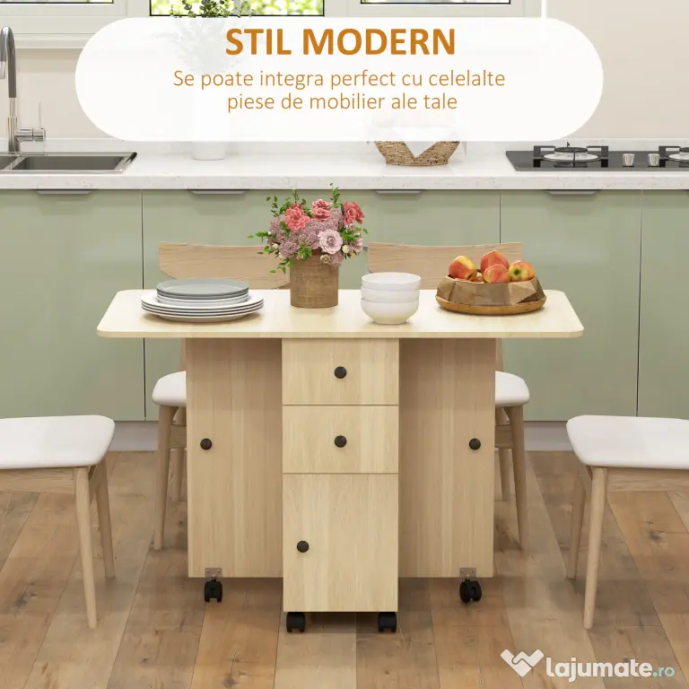 HOMCOM Masă de Bucătărie Pliabilă, Masă Rabatabilă cu Roți și Frâne pentru 6 Persoane, Birou Pliabil cu 2 Sertare și Dulap, pentru Living, 120x60x76.5 cm, Lemn Natural | Aosom Romania