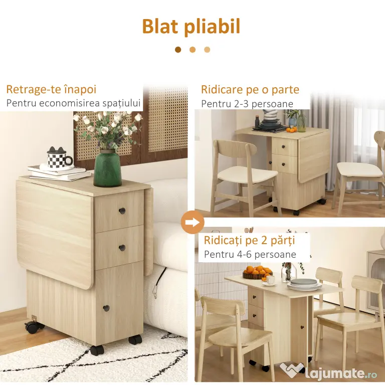 HOMCOM Masă de Bucătărie Pliabilă, Masă Rabatabilă cu Roți și Frâne pentru 6 Persoane, Birou Pliabil cu 2 Sertare și Dulap, pentru Living, 120x60x76.5 cm, Lemn Natural | Aosom Romania