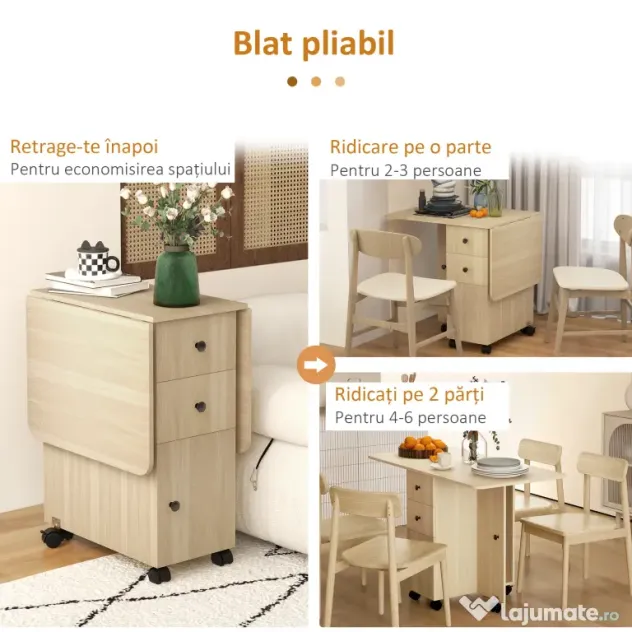 HOMCOM Masă de Bucătărie Pliabilă, Masă Rabatabilă cu Roți și Frâne pentru 6 Persoane, Birou Pliabil cu 2 Sertare și Dulap, pentru Living, 120x60x76.5 cm, Lemn Natural | Aosom Romania
