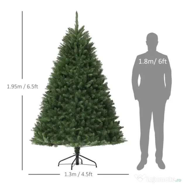 HOMCOM Brad artificial de Crăciun de 195 cm cu 1838 de ramuri și bază din oțel pentru interior, verde