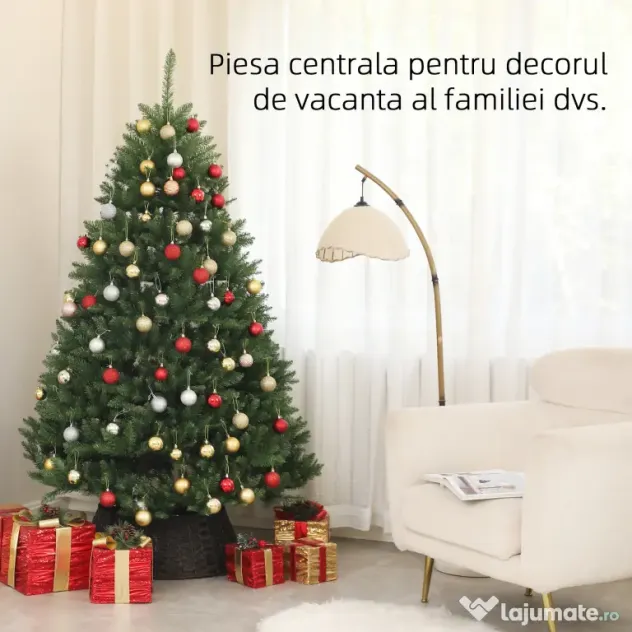 HOMCOM Brad artificial de Crăciun de 195 cm cu 1838 de ramuri și bază din oțel pentru interior, verde