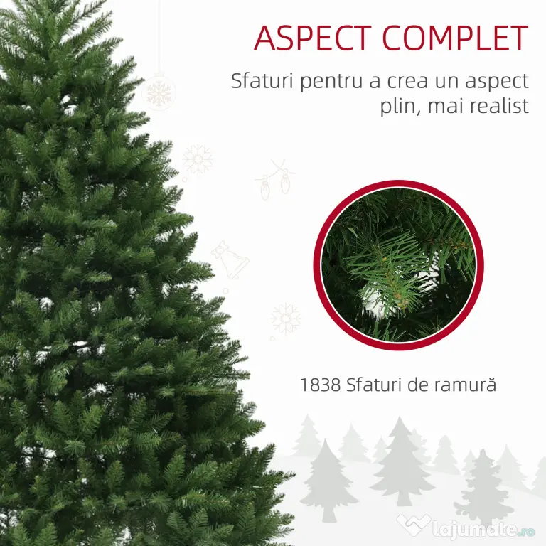 HOMCOM Brad artificial de Crăciun de 195 cm cu 1838 de ramuri și bază din oțel pentru interior, verde