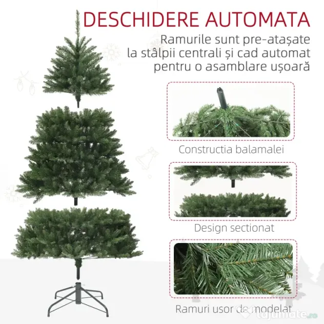 HOMCOM Brad artificial de Crăciun de 195 cm cu 1838 de ramuri și bază din oțel pentru interior, verde
