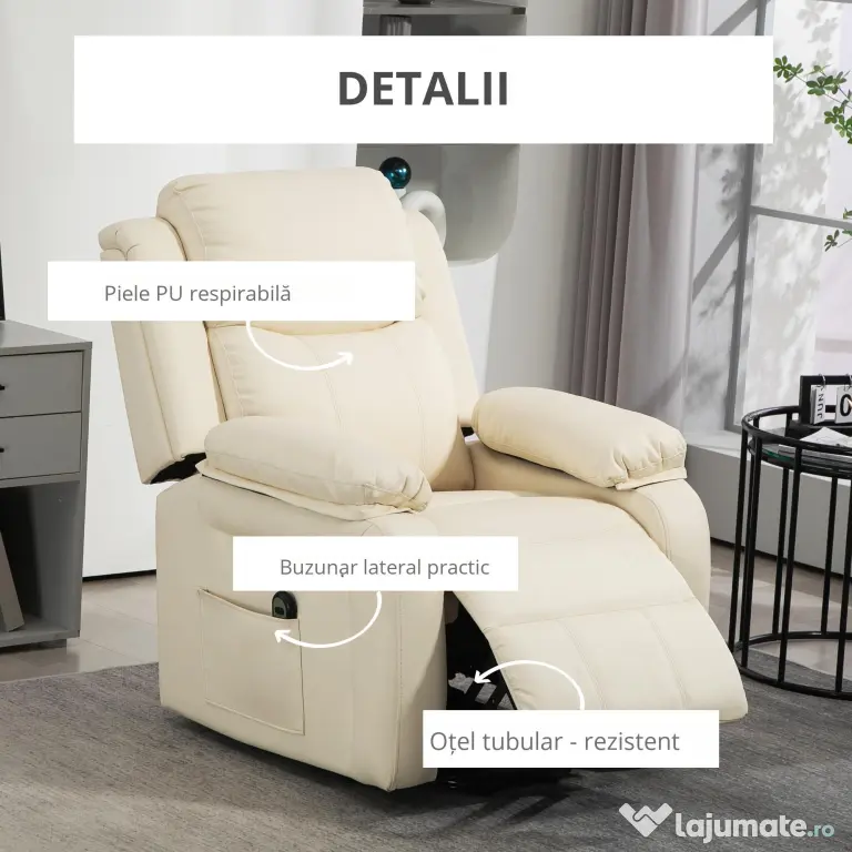 HOMCOM Fotoliu Rabatabil până la 160°, 76x90x105 cm, Alb Crem | Aosom Romania