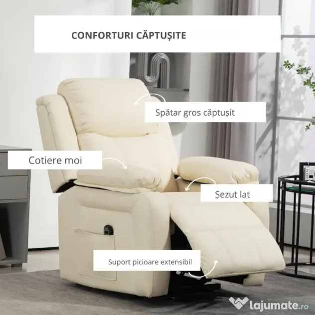HOMCOM Fotoliu Rabatabil până la 160°, 76x90x105 cm, Alb Crem | Aosom Romania